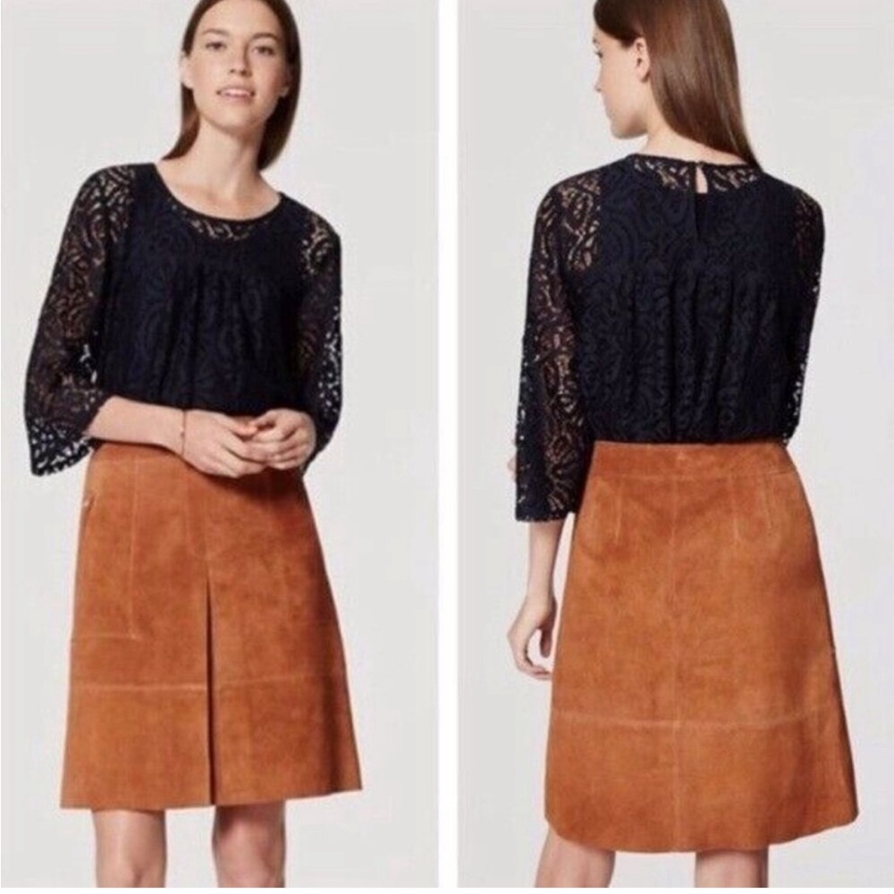 LOFT Tan A-Line Pleated Skirt Knee-Length